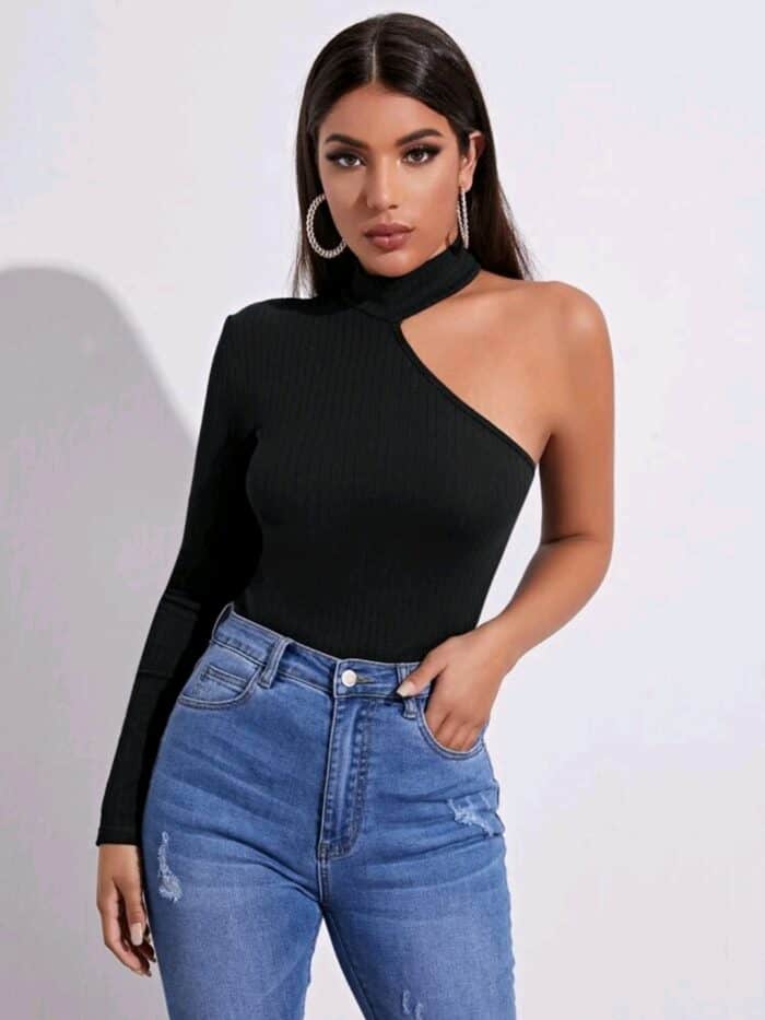SHEIN Asymmetrical Neck Rib-knit Tee - Image 4