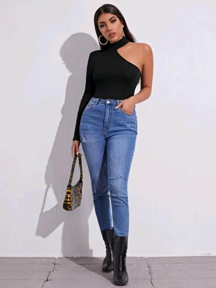 SHEIN Asymmetrical Neck Rib-knit Tee - Image 3