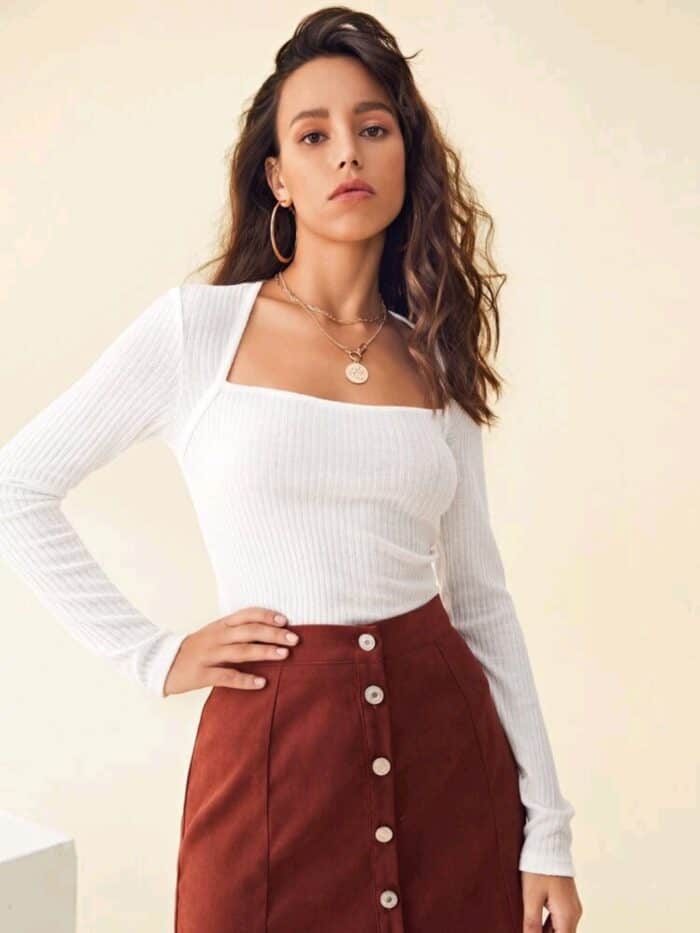 SHEIN Square Neck Rib-knit Top