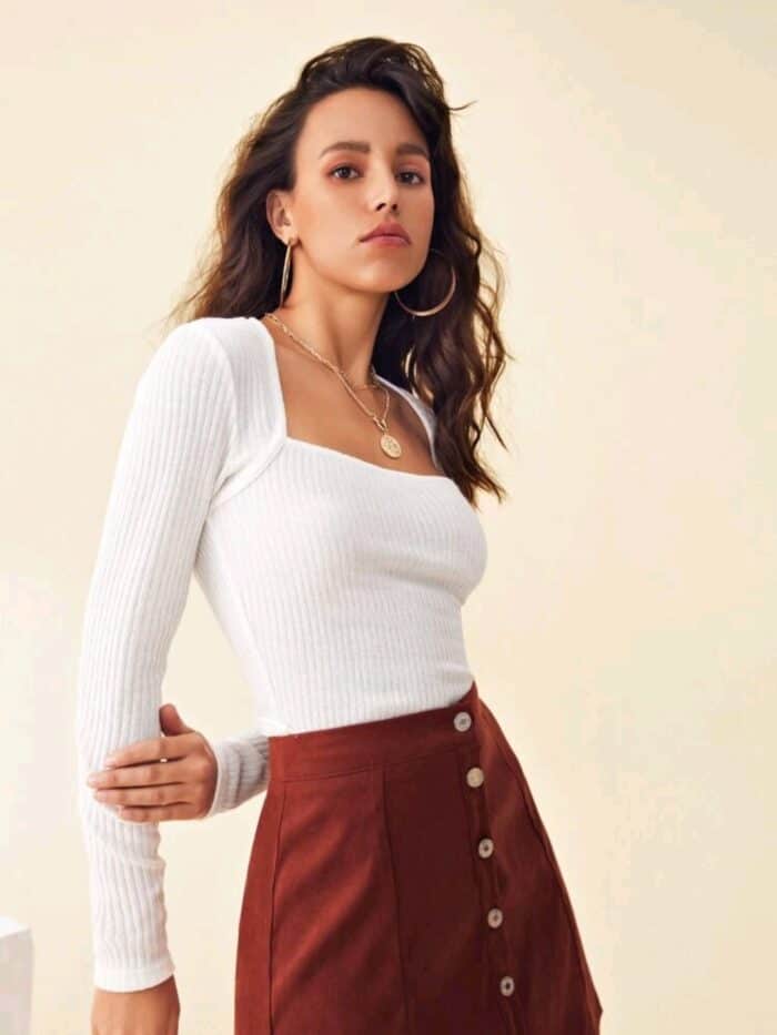 SHEIN Square Neck Rib-knit Top - Image 2