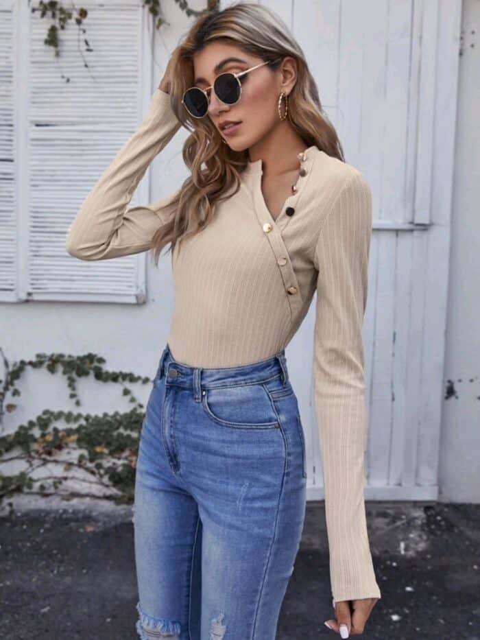 SHEIN Notch Neck Button Detail Rib-knit Tee