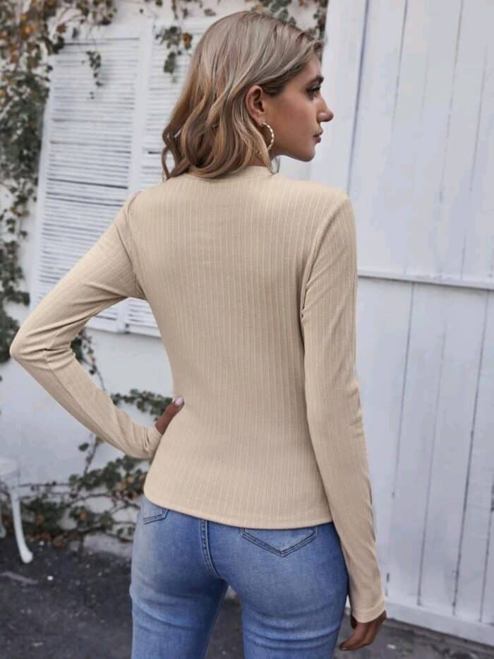 SHEIN Notch Neck Button Detail Rib-knit Tee - Image 2