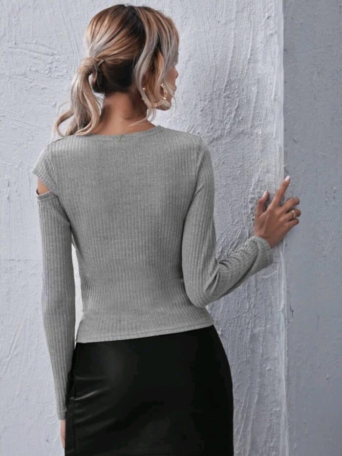 Button Cut Out Detail Rib-knit Tee - Image 5