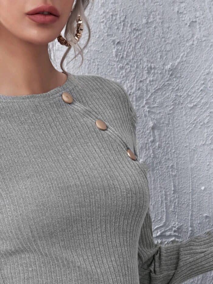 Button Cut Out Detail Rib-knit Tee - Image 3