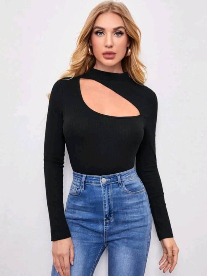 SHEIN Mock Neck Cutout Detail Rib-knit Tee