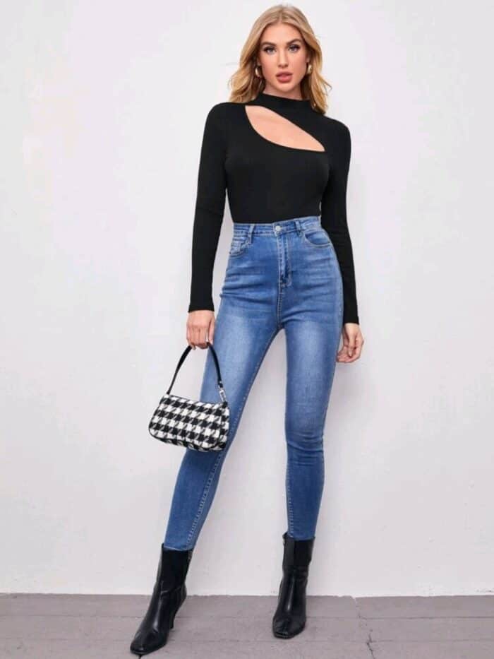 SHEIN Mock Neck Cutout Detail Rib-knit Tee - Image 3