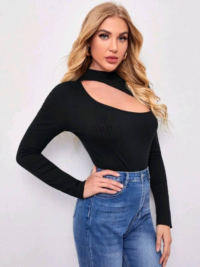 SHEIN Mock Neck Cutout Detail Rib-knit Tee - Image 4