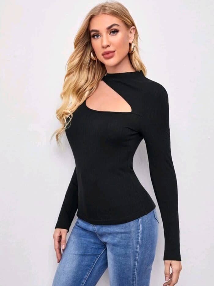 SHEIN Mock Neck Cutout Detail Rib-knit Tee - Image 2