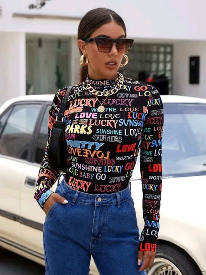 SHEIN Mock Neck Letter Graphic Tee