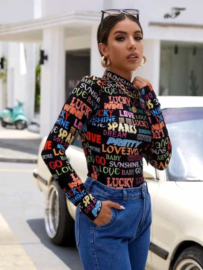 SHEIN Mock Neck Letter Graphic Tee - Image 3