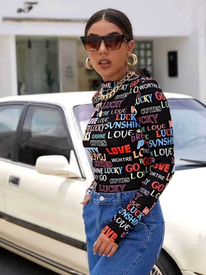 SHEIN Mock Neck Letter Graphic Tee - Image 2