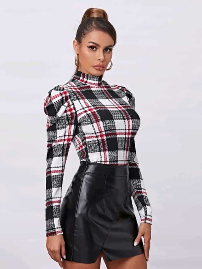 SHEIN Mock Neck Gigot Sleeve Plaid Tee