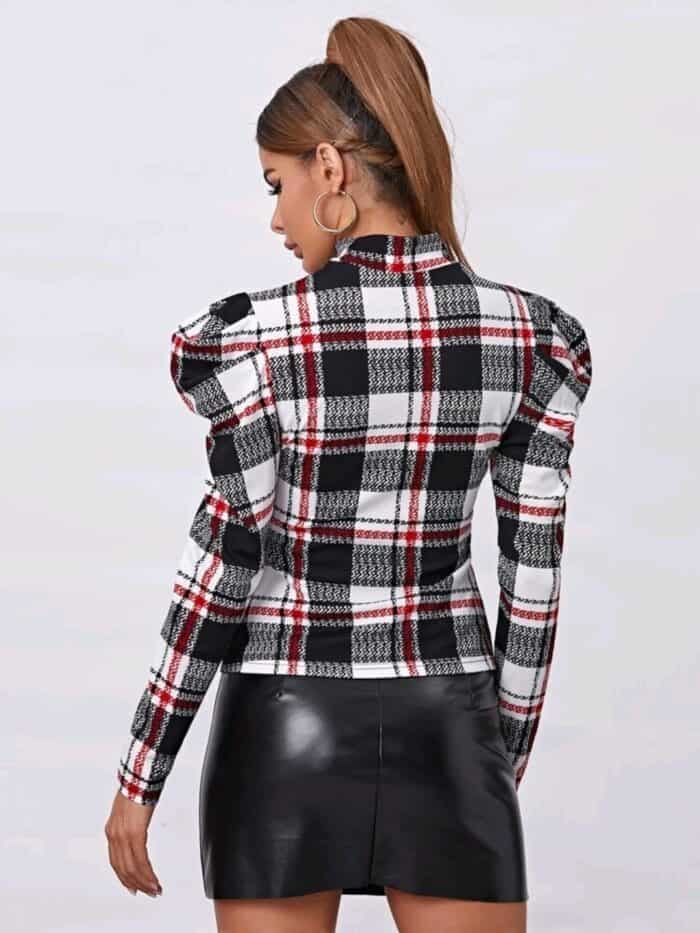 SHEIN Mock Neck Gigot Sleeve Plaid Tee - Image 4