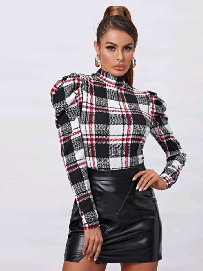 SHEIN Mock Neck Gigot Sleeve Plaid Tee - Image 5