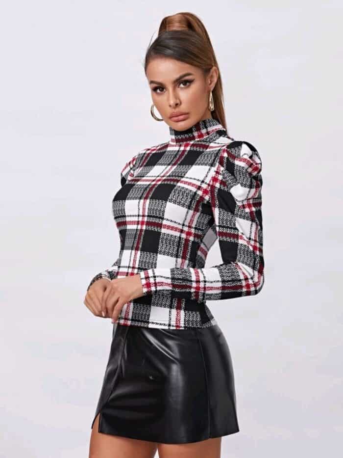 SHEIN Mock Neck Gigot Sleeve Plaid Tee - Image 3