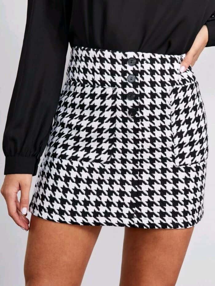 Pocket Patched Houndstooth Tweed Skirt