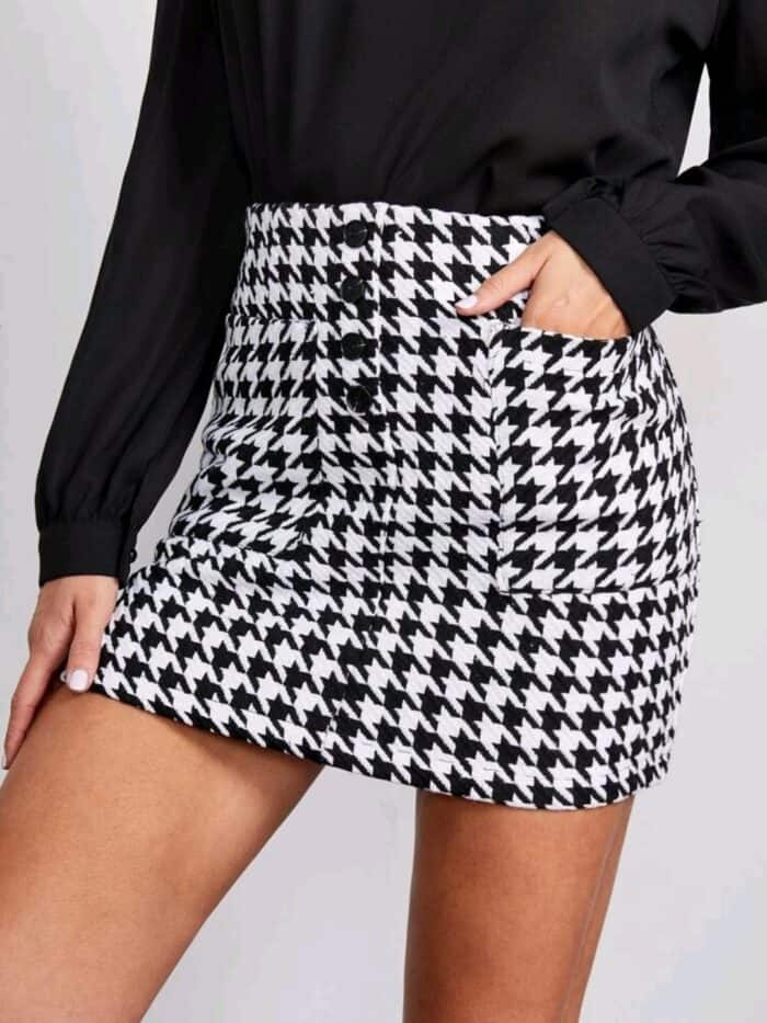 Pocket Patched Houndstooth Tweed Skirt - Image 3