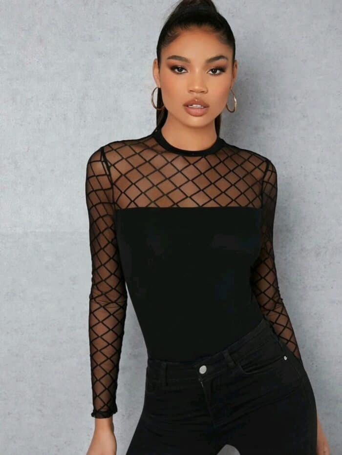 SHEIN Geo Mesh Yoke & Sleeve Bodysuit