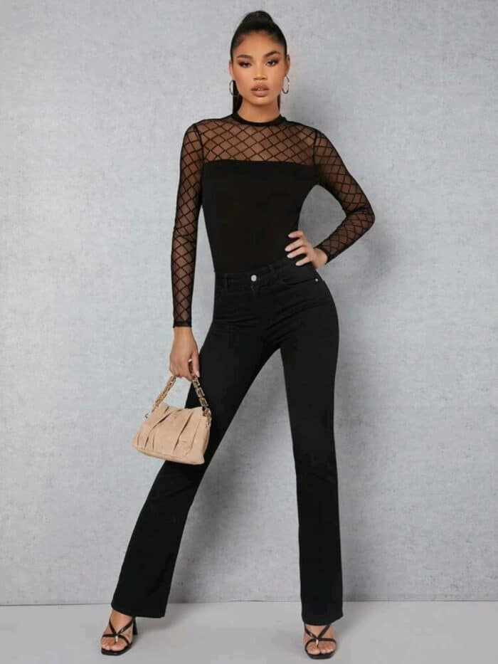 SHEIN Geo Mesh Yoke & Sleeve Bodysuit - Image 2