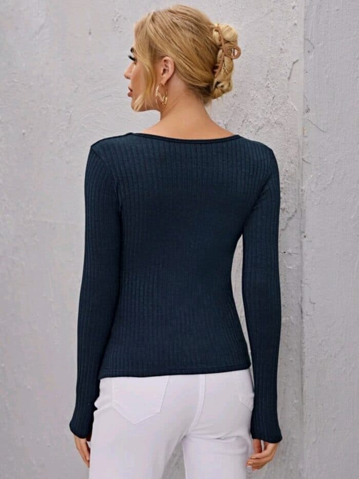 Square Neck Button Rib-knit Slim Tee - Image 5