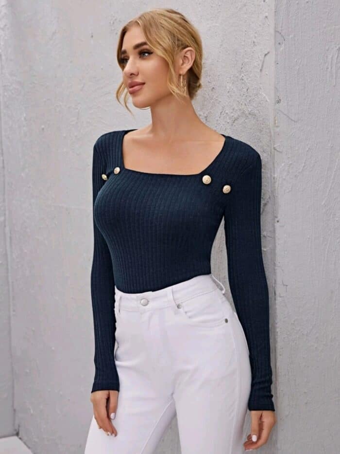 Square Neck Button Rib-knit Slim Tee - Image 2