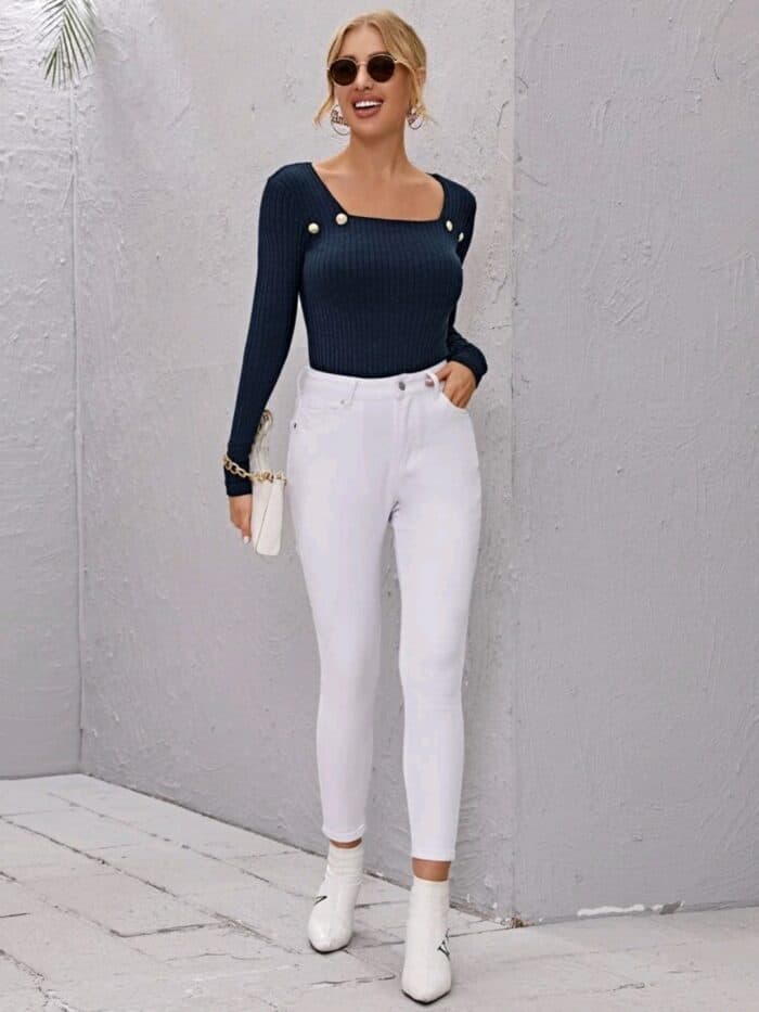 Square Neck Button Rib-knit Slim Tee - Image 4