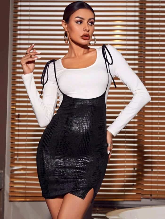 SHEIN Faux Croc Leather Self-Tie Overall Dress - Image 5