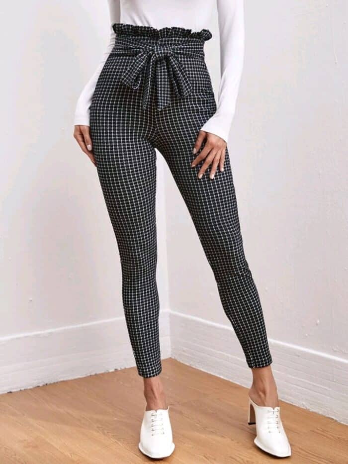 SHEIN Tie Front Paperbag Waist Plaid Skinny Pants