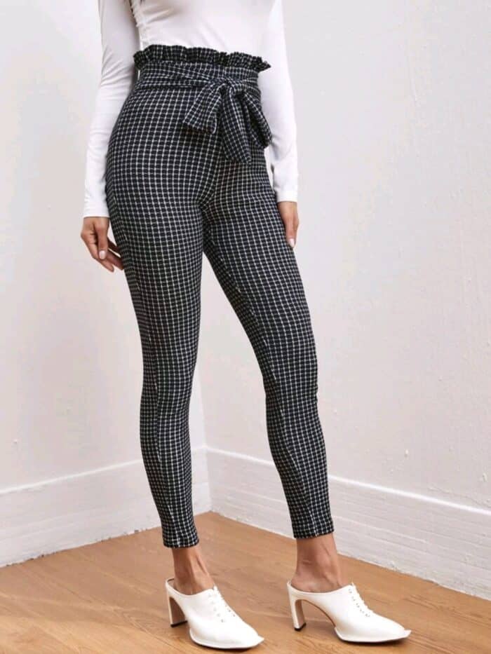 SHEIN Tie Front Paperbag Waist Plaid Skinny Pants - Image 4