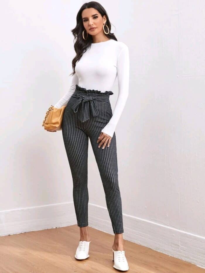 SHEIN Tie Front Paperbag Waist Plaid Skinny Pants - Image 2