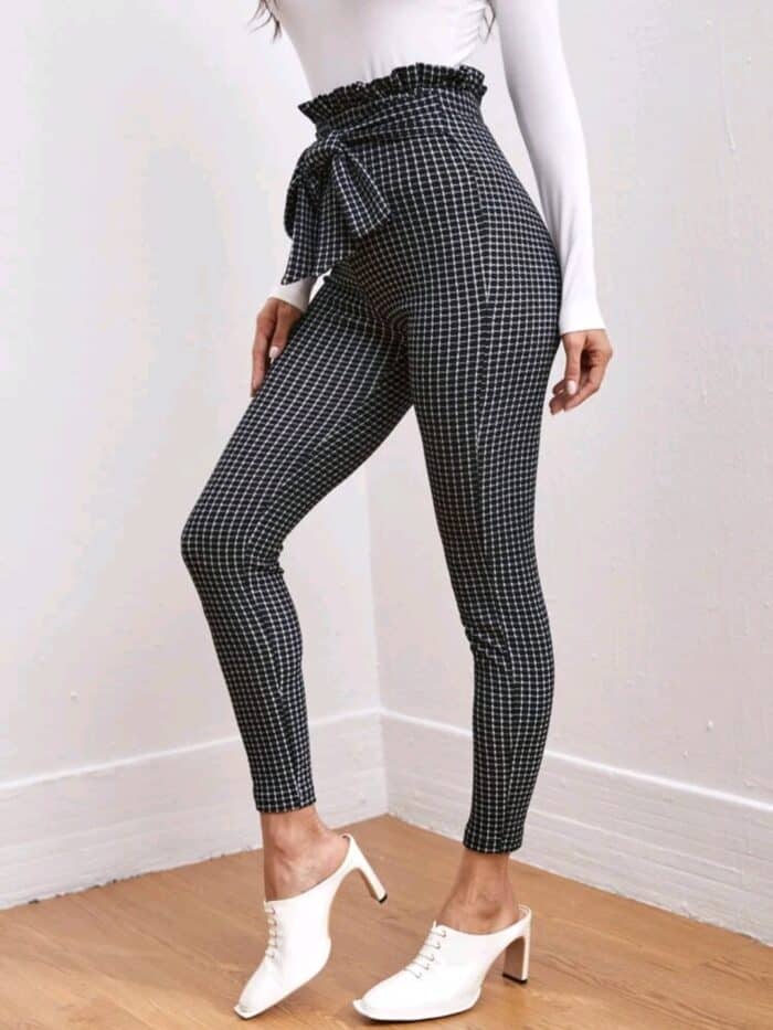 SHEIN Tie Front Paperbag Waist Plaid Skinny Pants - Image 3