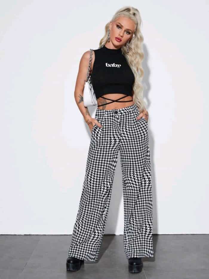 SHEIN Zipper Fly Houndstooth Print Palazzo Pants