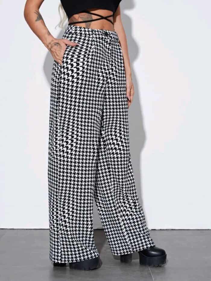 SHEIN Zipper Fly Houndstooth Print Palazzo Pants - Image 4