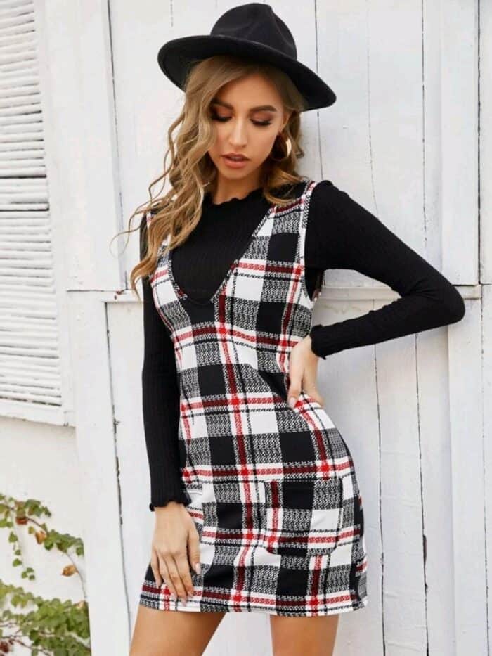 Plaid Dual Pockets Overall Dress