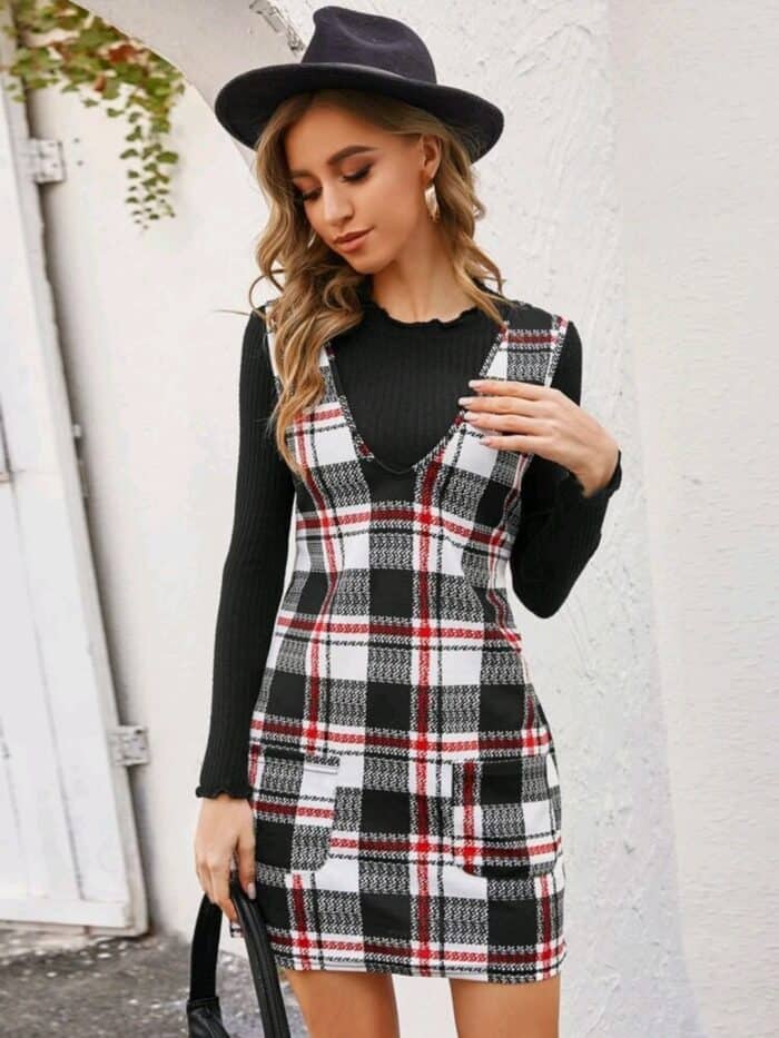 Plaid Dual Pockets Overall Dress - Image 5