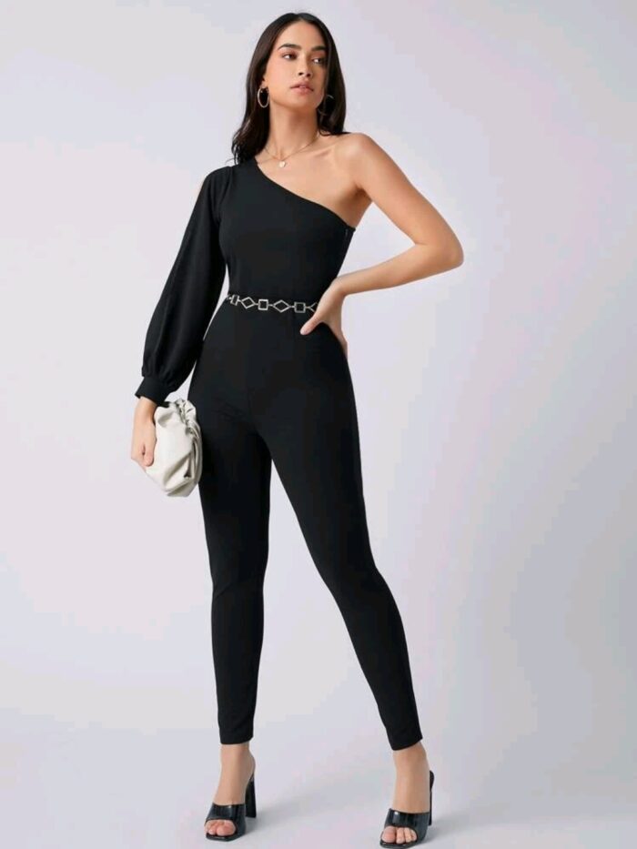 SHEIN One Shoulder Split Lantern Sleeve Jumpsuit Without Belt
