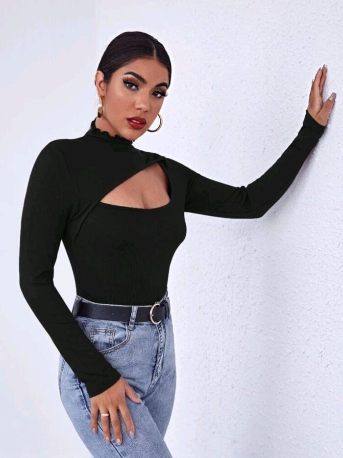 SHEIN Lettuce Edge Neck Cutout Front Tee