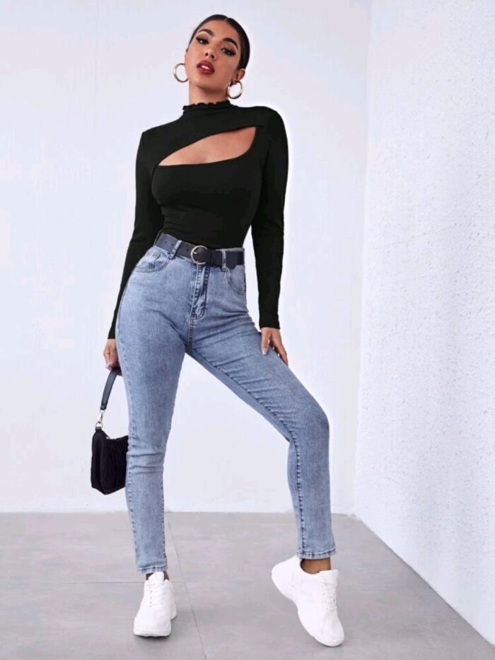SHEIN Lettuce Edge Neck Cutout Front Tee - Image 2