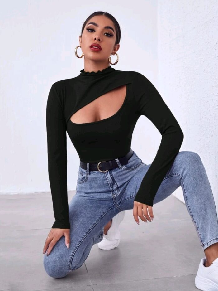SHEIN Lettuce Edge Neck Cutout Front Tee - Image 3