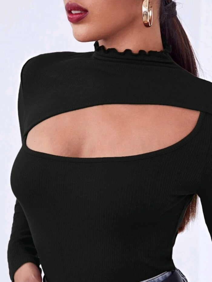 SHEIN Lettuce Edge Neck Cutout Front Tee - Image 4