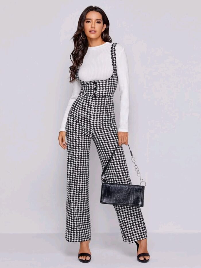 SHEIN Button Front Houndstooth Pinafore Jumpsuit