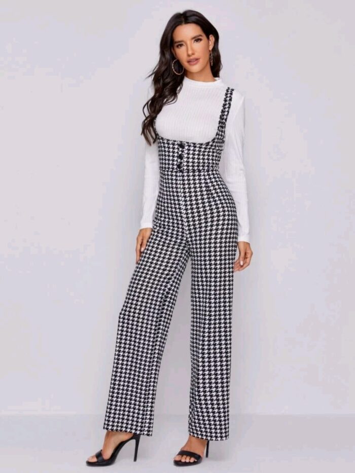 SHEIN Button Front Houndstooth Pinafore Jumpsuit - Image 4