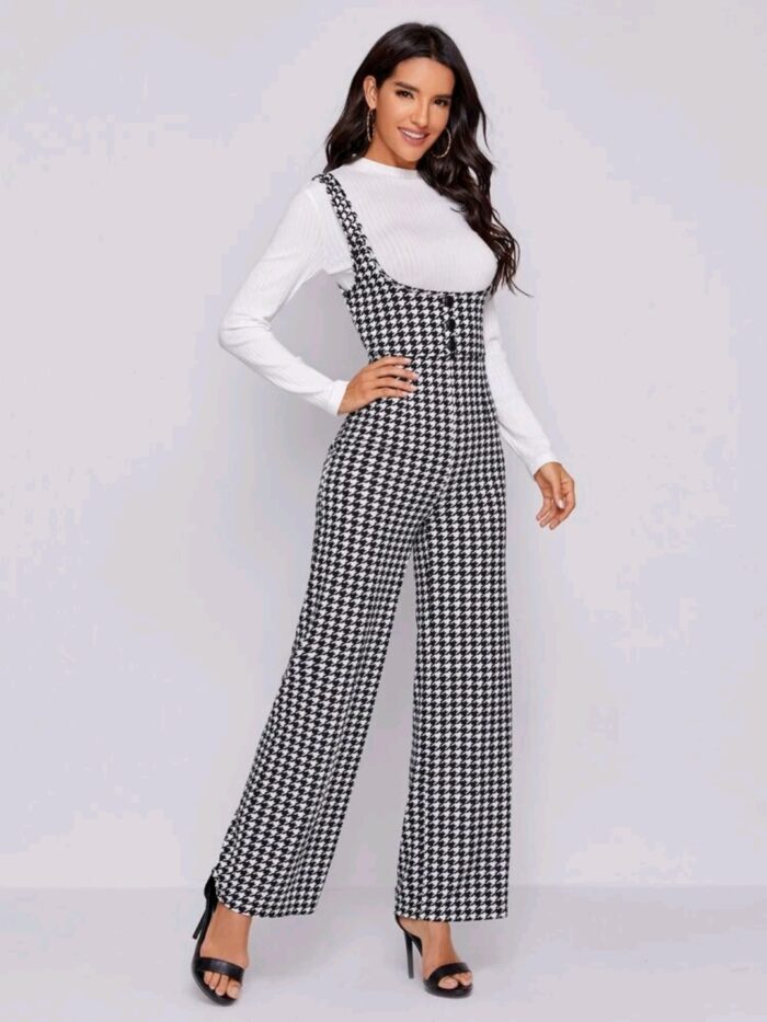 SHEIN Button Front Houndstooth Pinafore Jumpsuit - Image 2