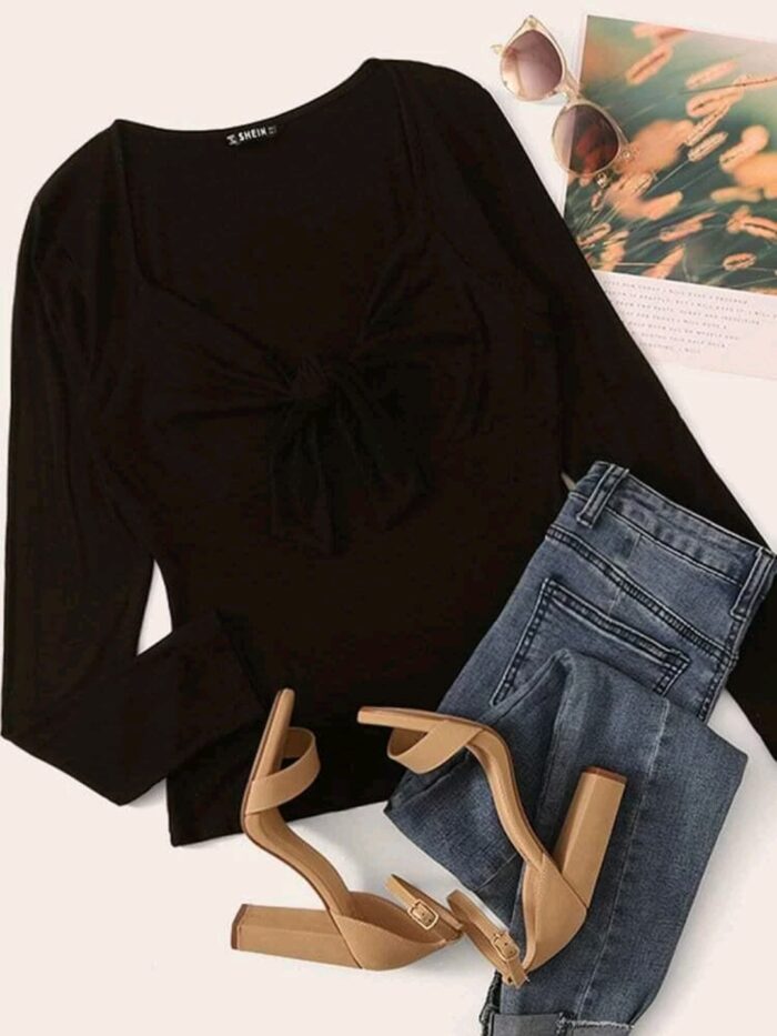 SHEIN Solid Sweetheart Neck Knot Front Top - Image 6