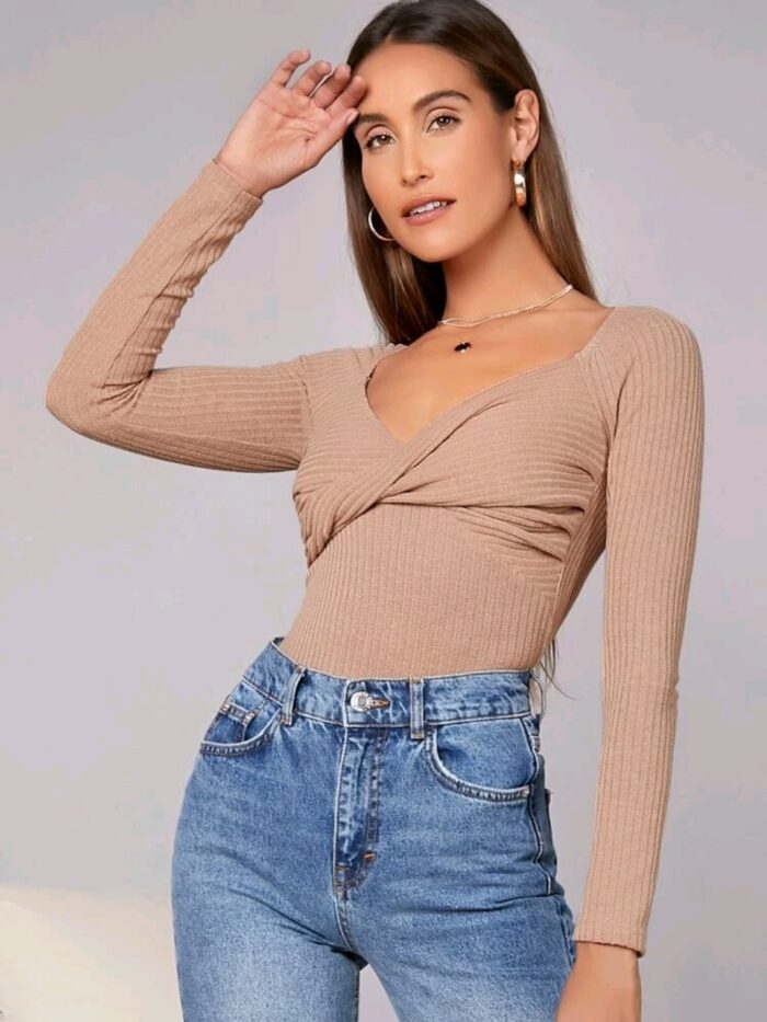 SHEIN Twist Front Raglan Sleeve Rib-knit Tee