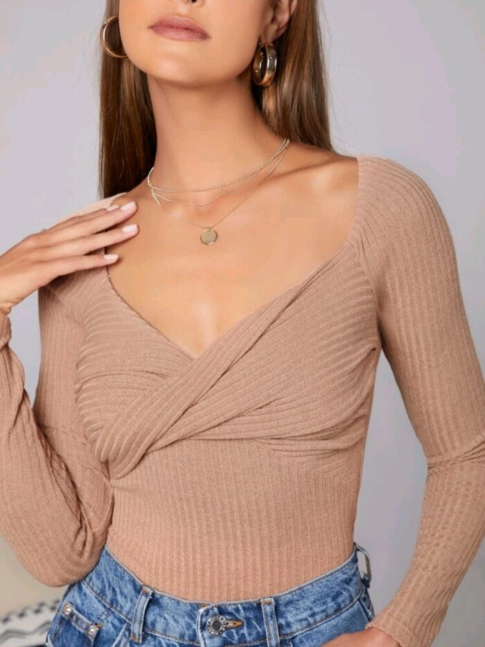 SHEIN Twist Front Raglan Sleeve Rib-knit Tee - Image 4
