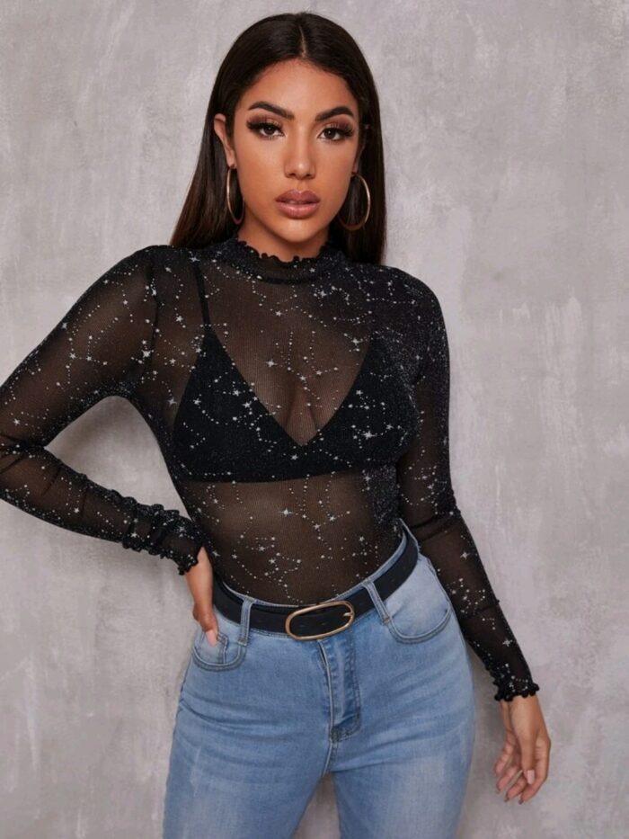 SHEIN Lettuce Edge Glitter Mesh Top Without Bra