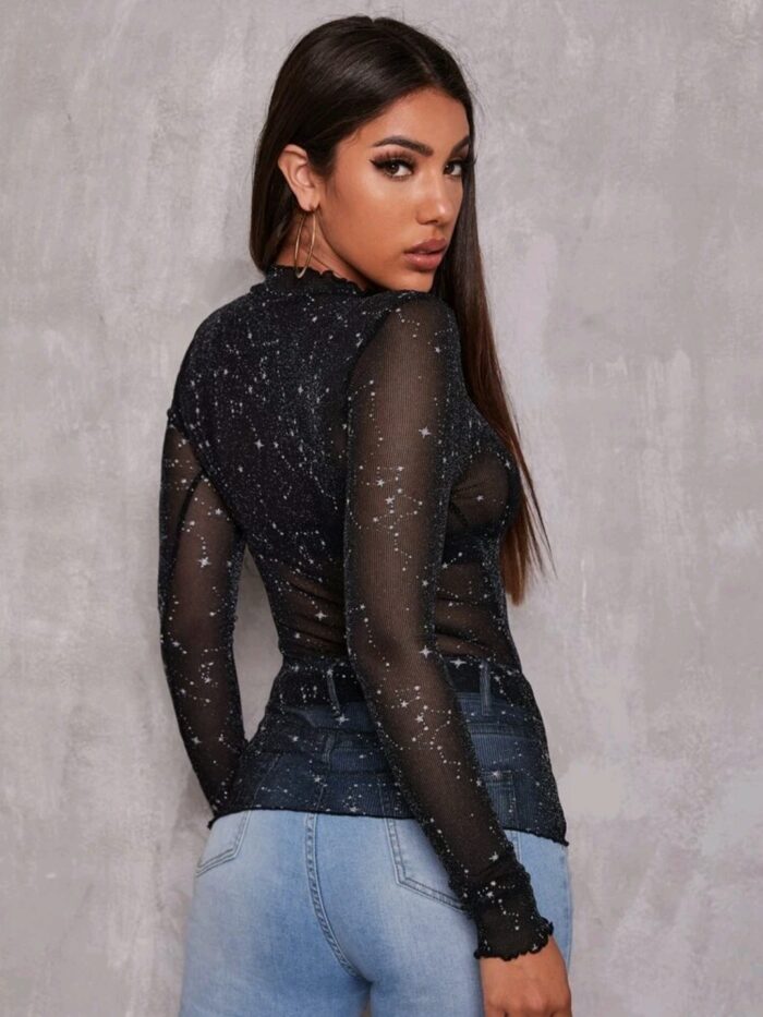SHEIN Lettuce Edge Glitter Mesh Top Without Bra - Image 4