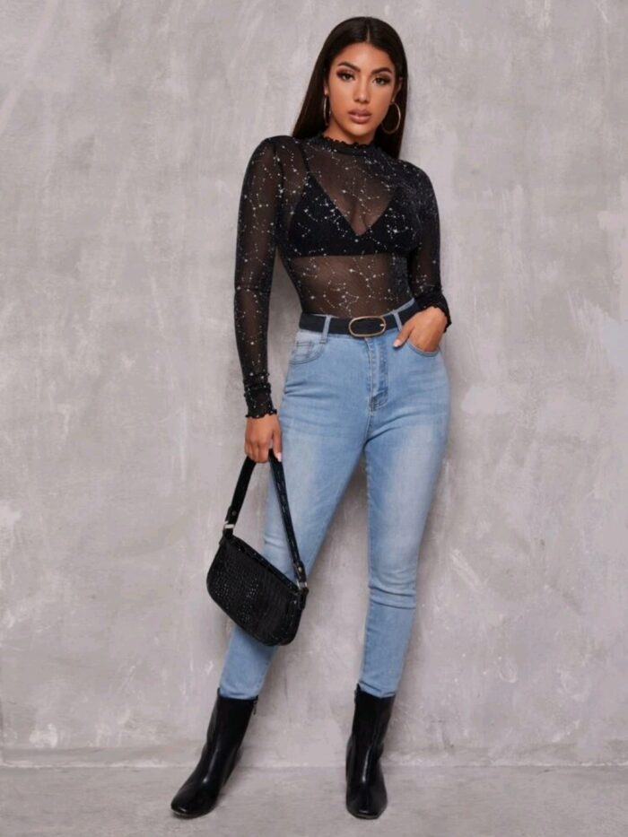 SHEIN Lettuce Edge Glitter Mesh Top Without Bra - Image 5