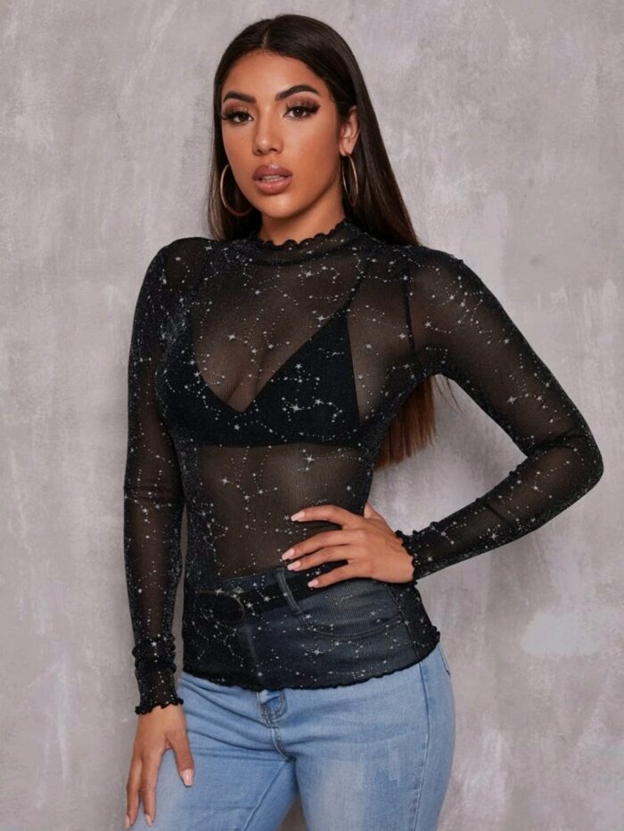 SHEIN Lettuce Edge Glitter Mesh Top Without Bra - Image 3